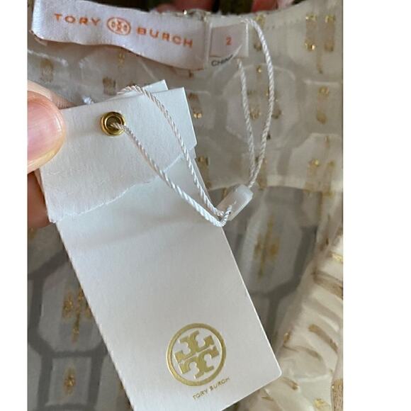 Tory Burch Jasmine Metallic Ruffle Dress 2 Piece with Slip in Ivory & Gold - Picture 8 of 10
